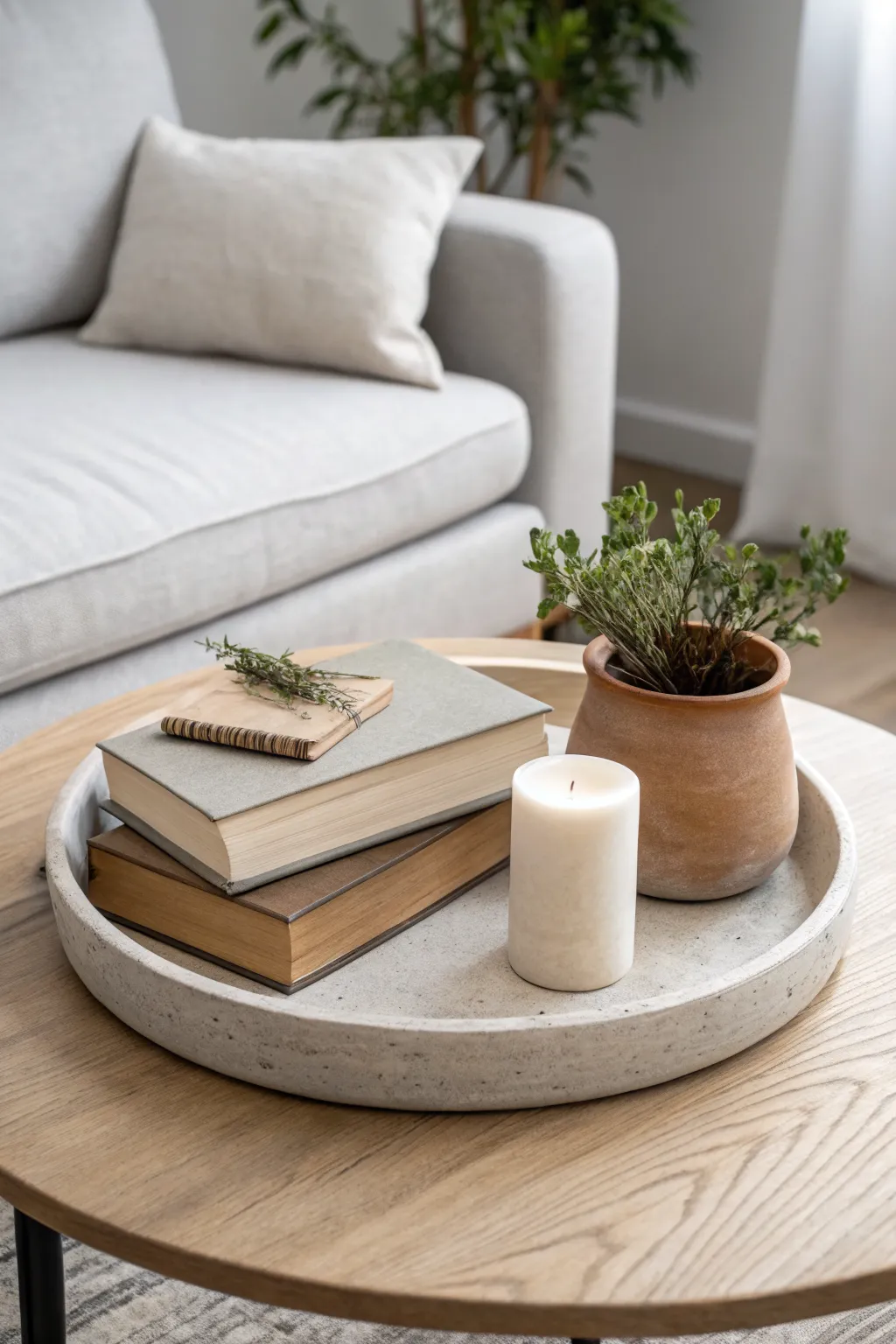 Arrange your coffee table like a calm still life with natural textures and soft light.
