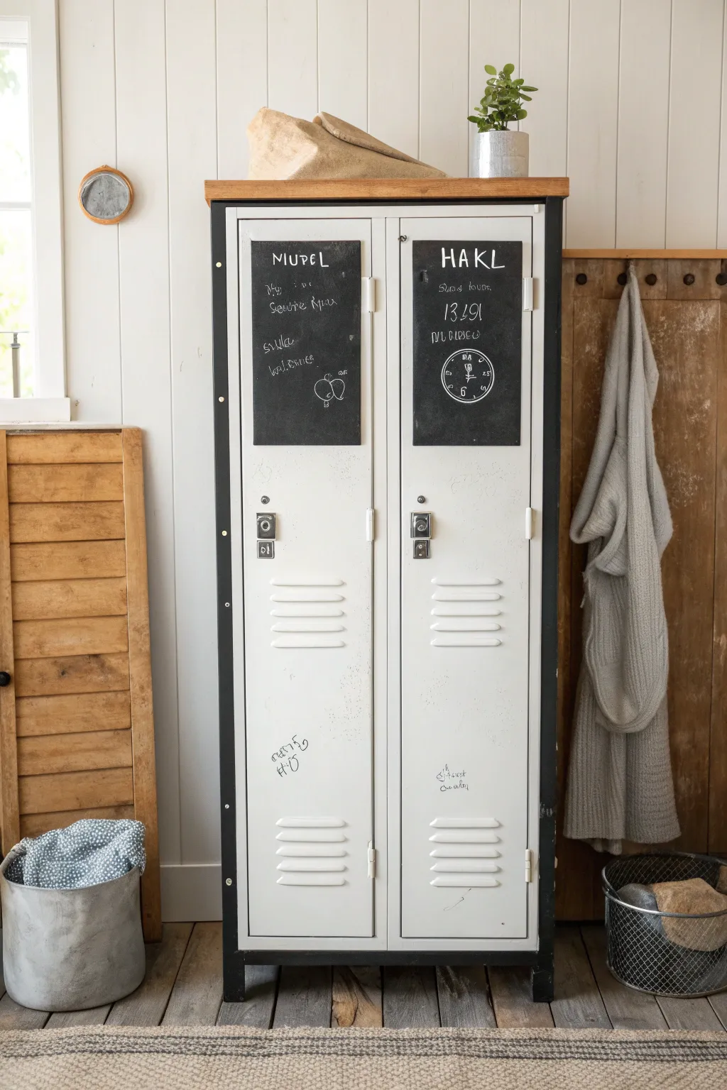 Minimalist locker makeover with chalkboard panels, chalk and eraser for a cozy studio feel.