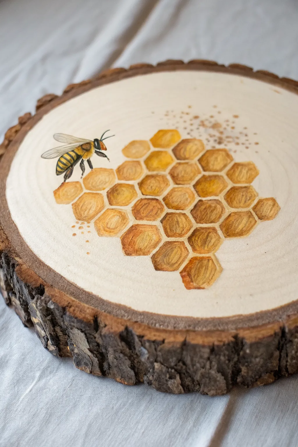 Warm honeycomb log slice painting with a tiny bee and natural bark edge, minimalist boho