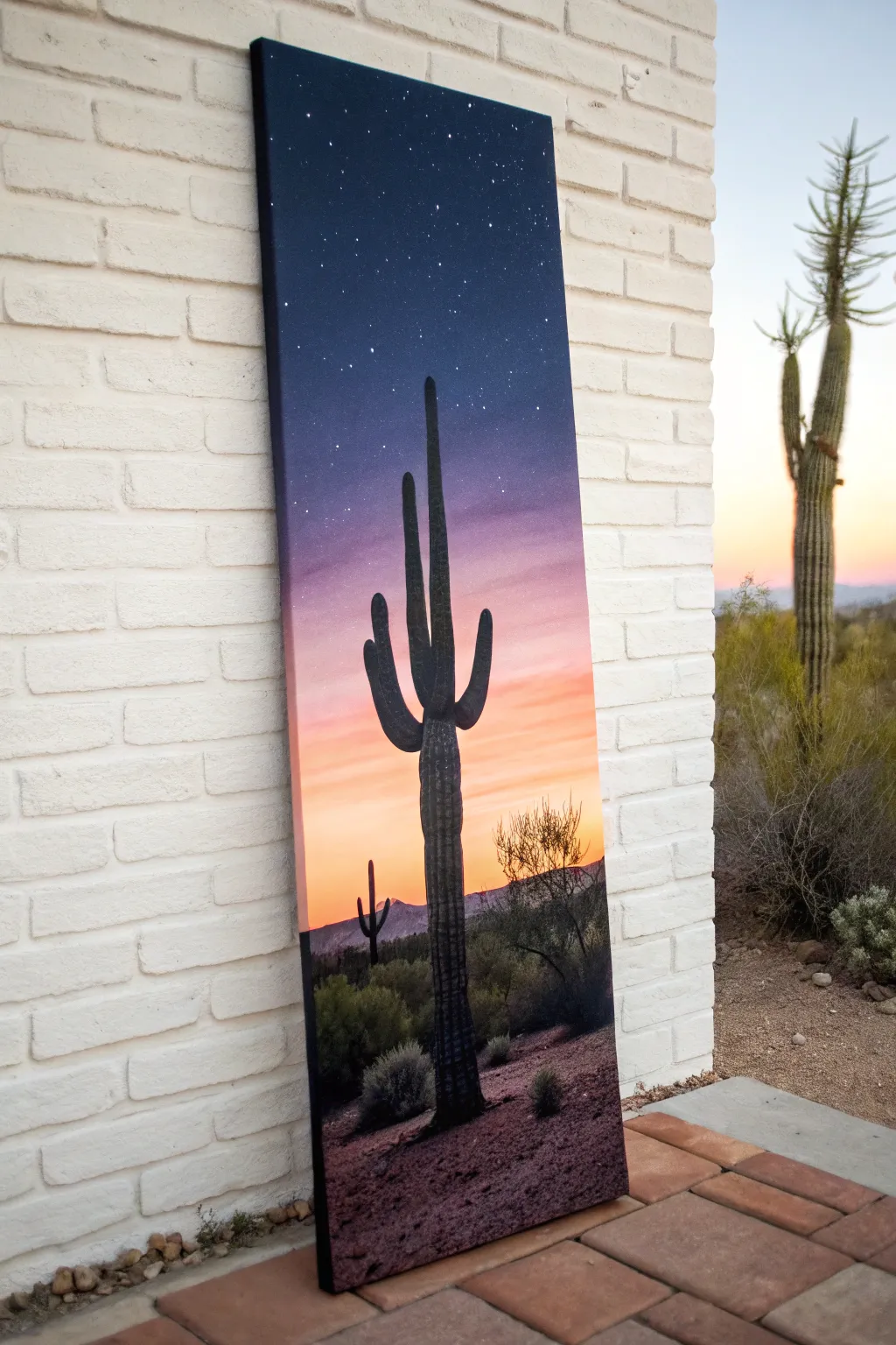 Tall canvas idea: bold cactus silhouette on a dreamy dusk gradient, minimalist desert calm