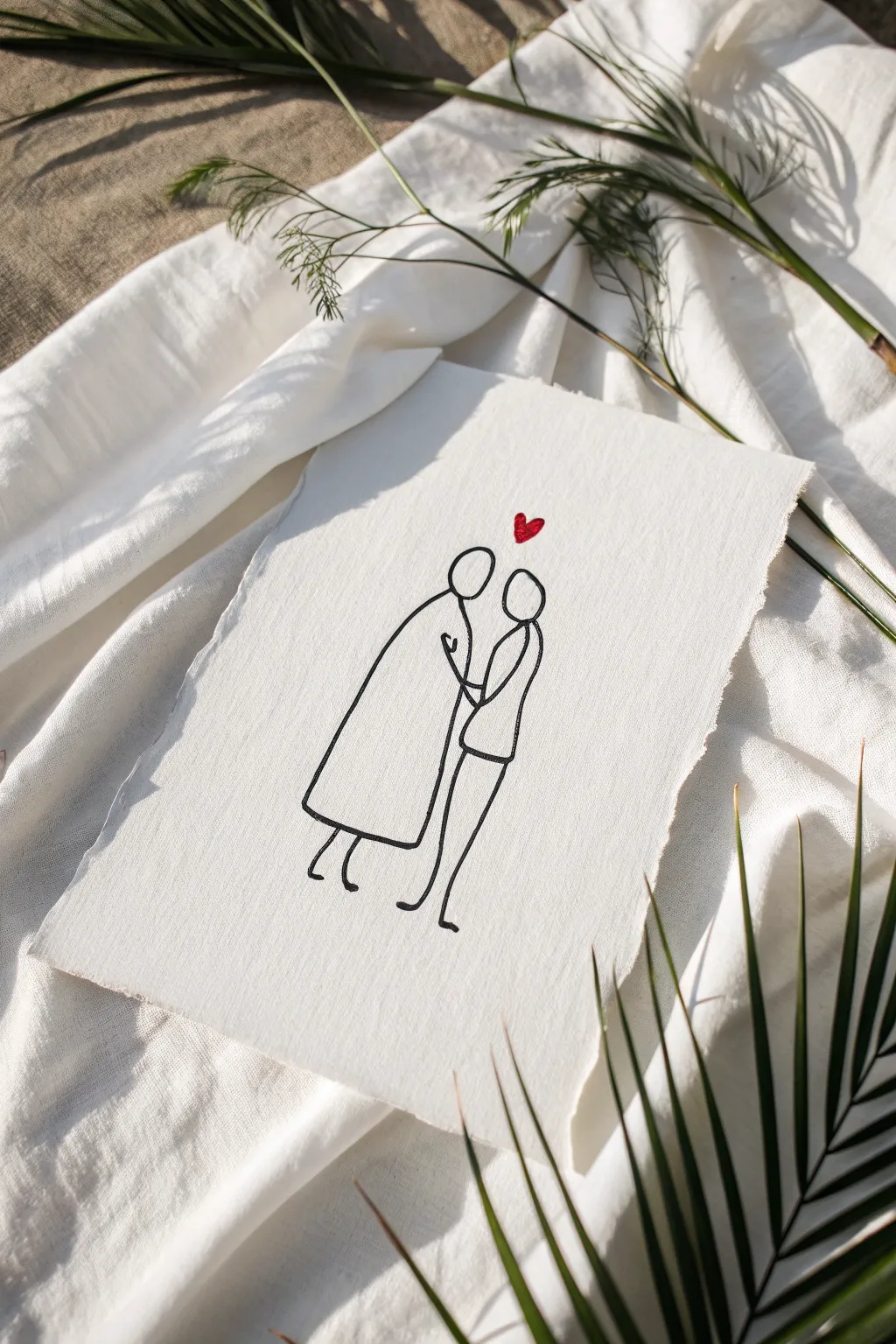 Minimal one-line embrace with a tiny heart, ideal for Scandinavian-boho inspired love art.