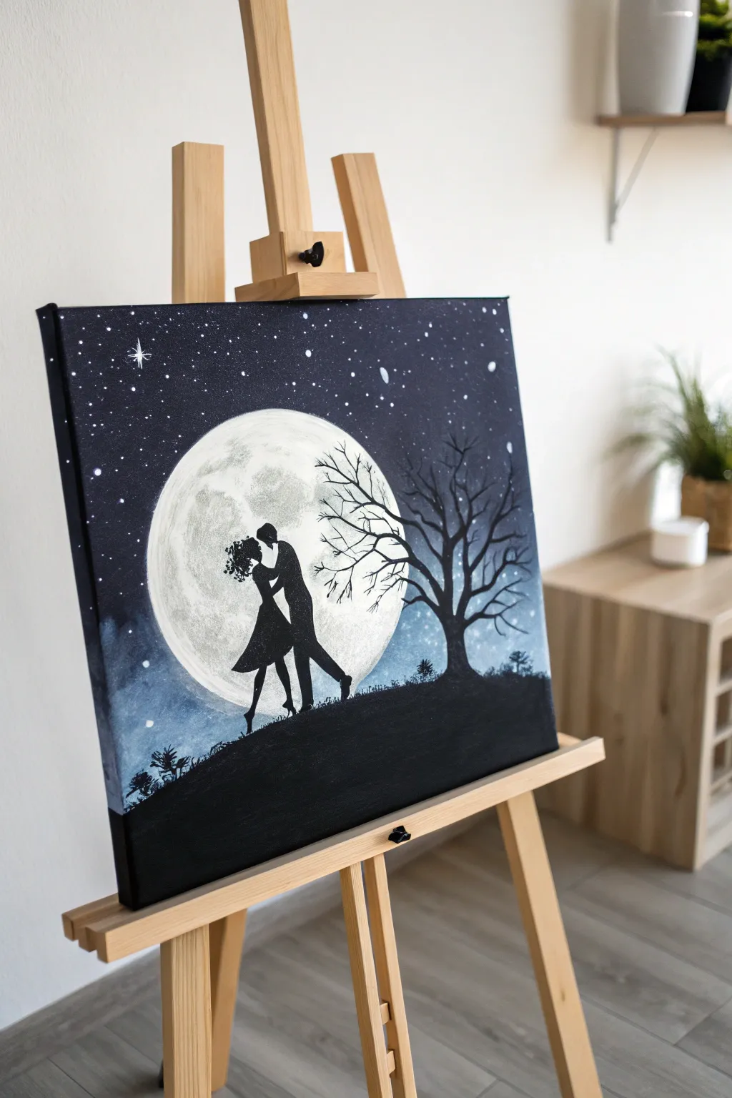 Moonlit dance silhouette canvas idea with minimalist Nordic-boho mood and rich night-sky contrast