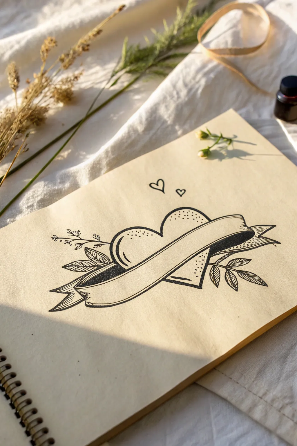 Minimal ink ribbon banner embracing a heart, perfect for loyalty themed drawing inspiration