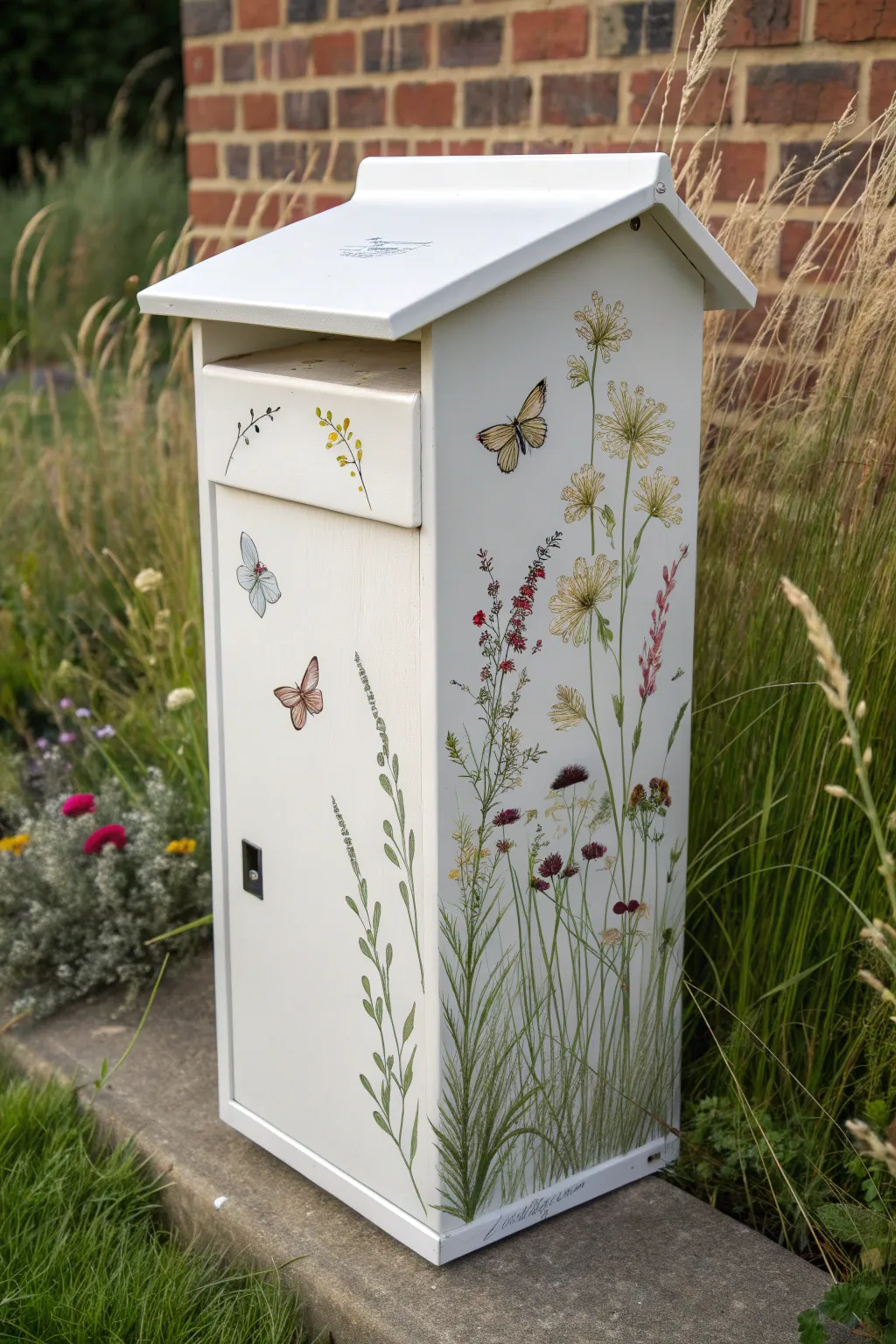 Minimalist mailbox art with wildflowers, bees, and butterflies for a soft garden glow