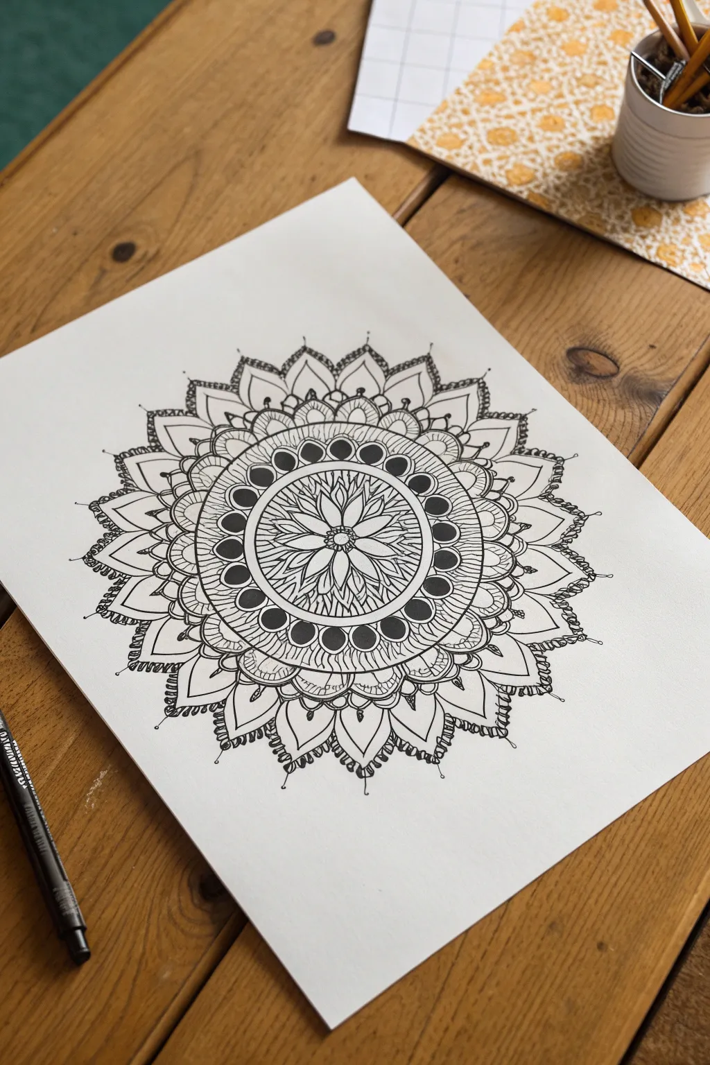 Checkerboard mandala ring with alternating solid and patterned fills, minimalist and bold