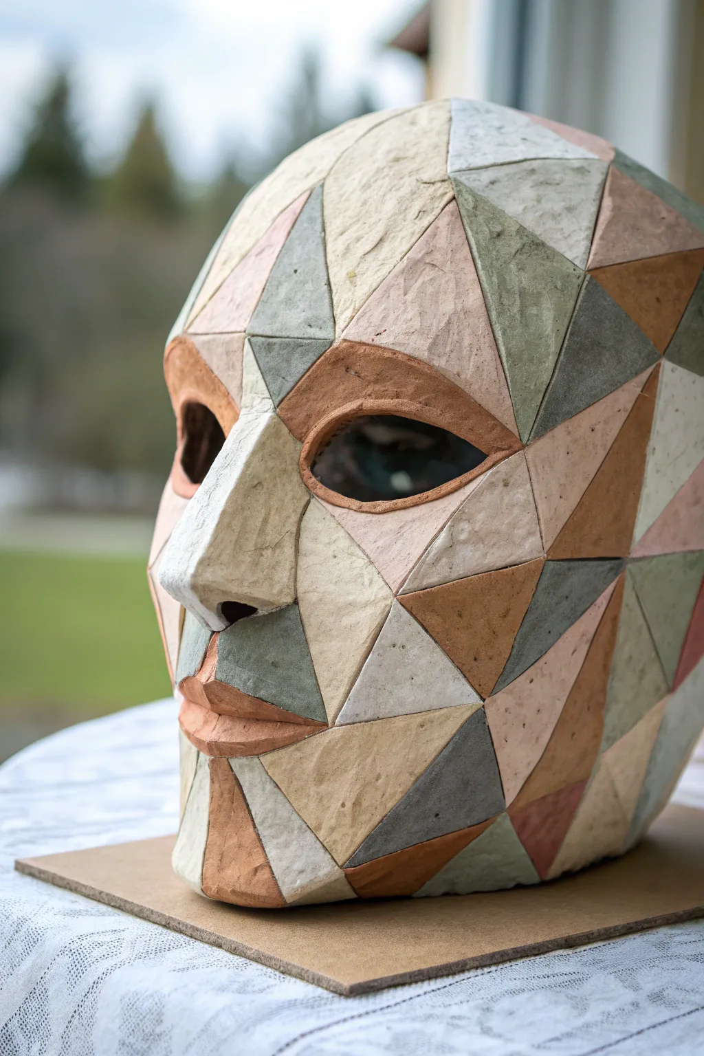 Modern color-block mask design with crisp taped edges and earthy Scandinavian-boho tones.
