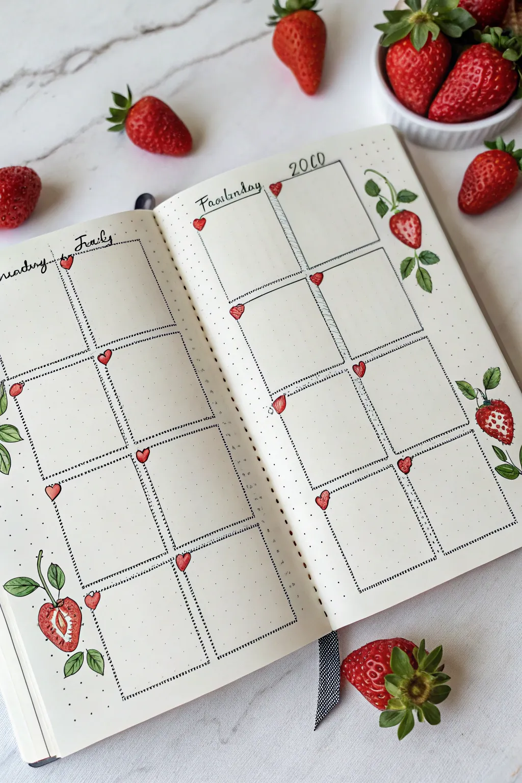 Minimal May calendar grid with tiny strawberry icons and leafy weekends, clean and playful.