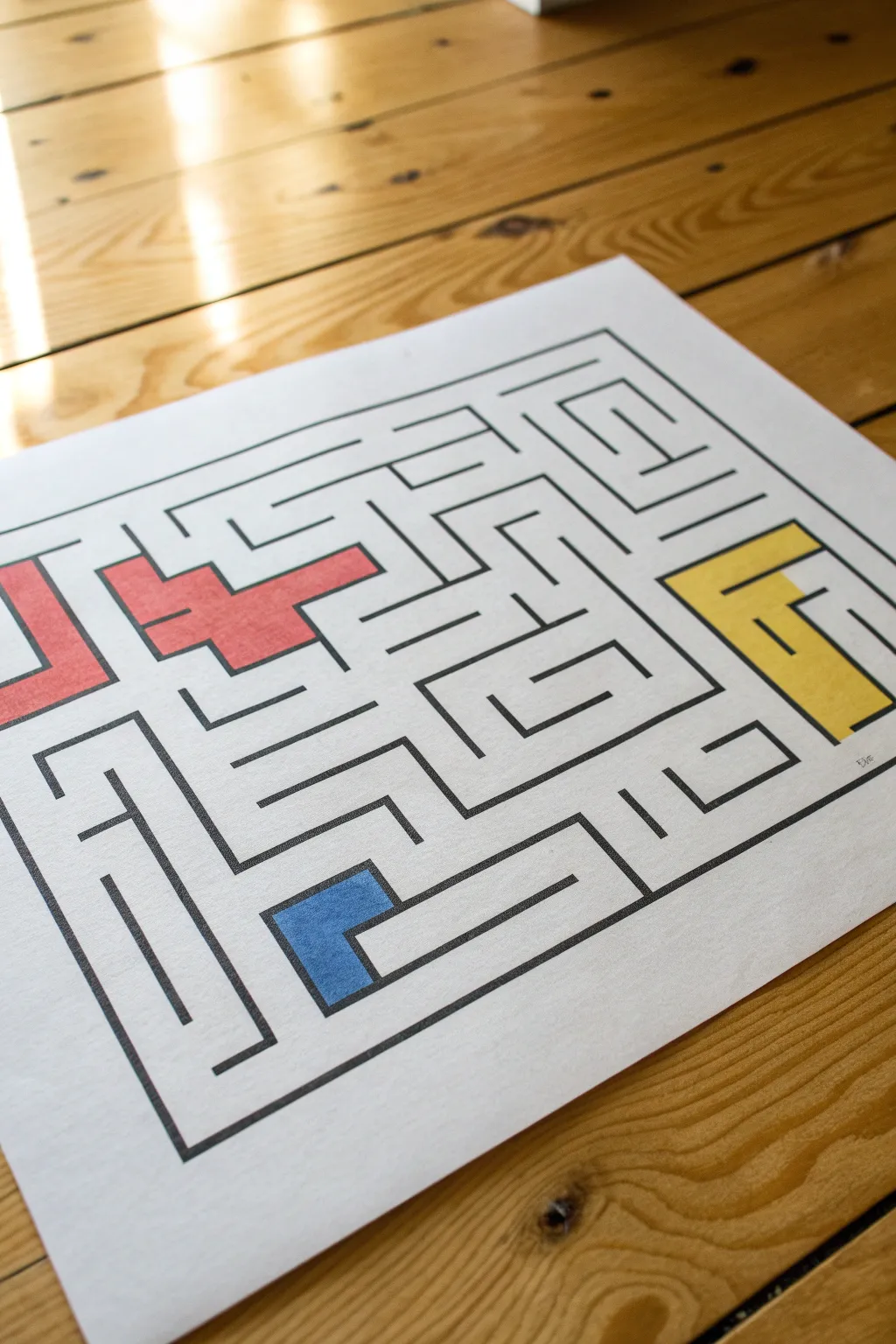 Primary-color block maze: bold black paths with red, blue, and yellow blocks in minimalist style.