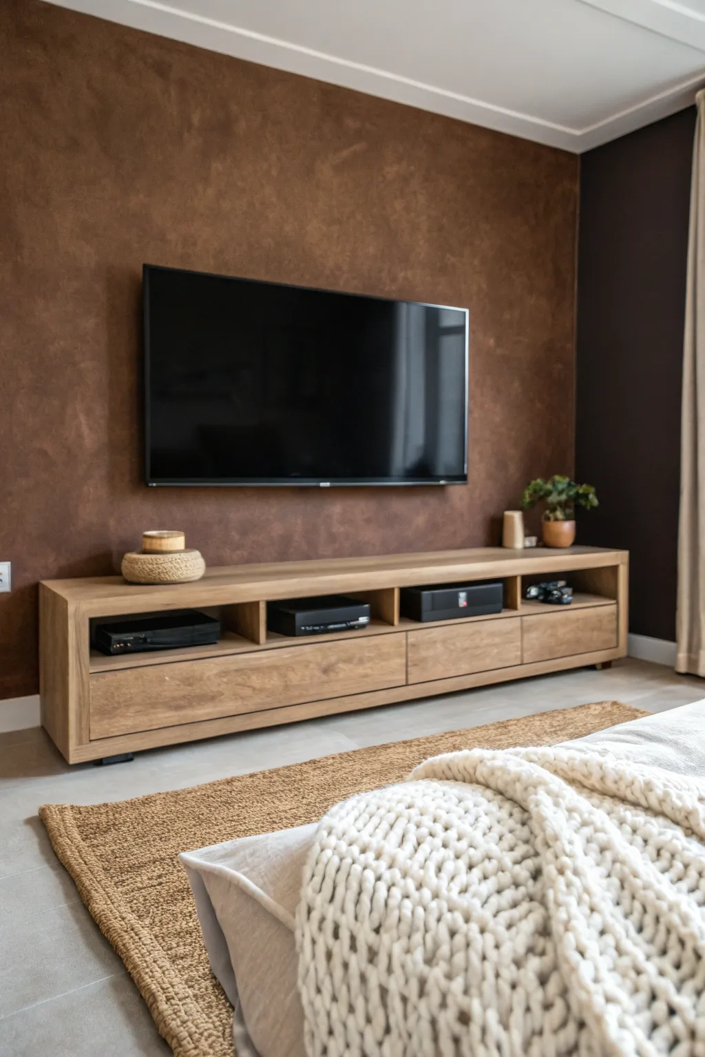 Warm espresso-brown media wall with a calm screen and cozy neutral textiles for comfort