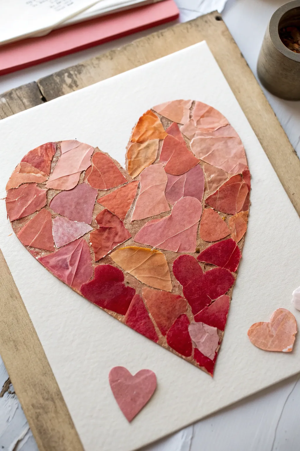Mixed-media heart with torn-paper collage and glossy glaze layers for an easy, modern painting idea