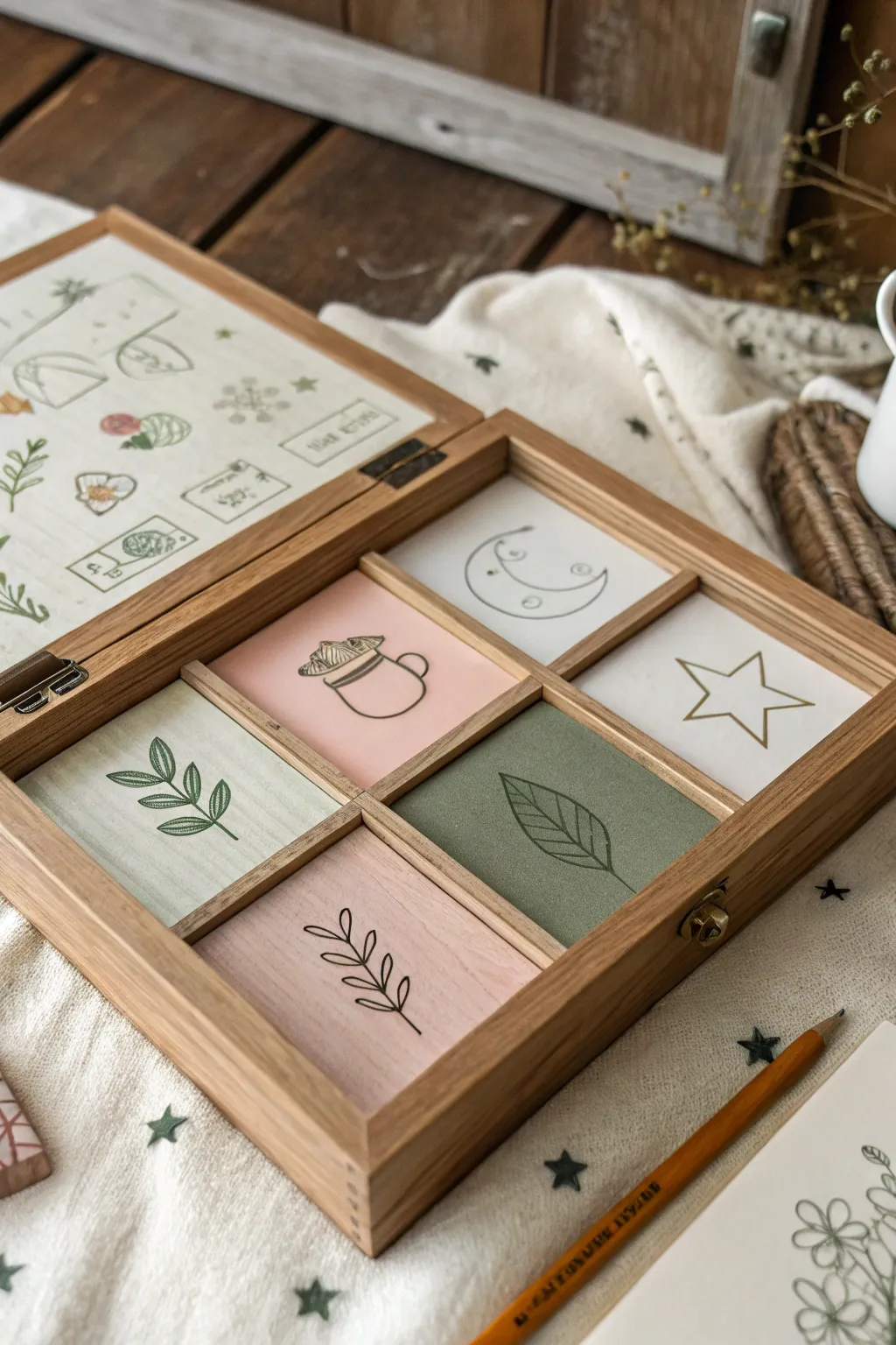 A minimalist school-year memory box idea with painted sections and tiny icons for each grade.
