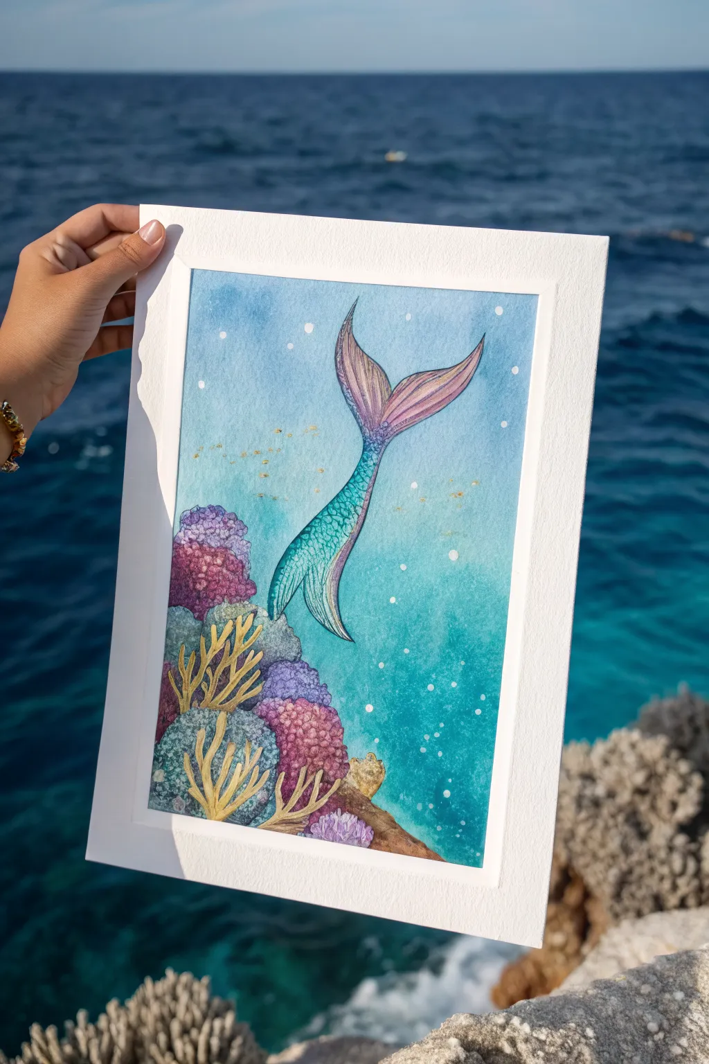 Coral reef pops under a floating mermaid tail, glowing in fantasy colors against deep blue.