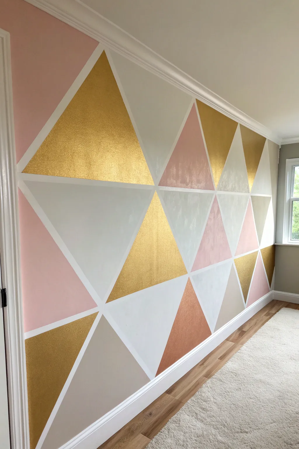 Geometric metallic color blocking pairs champagne gold with matte neutrals for modern warmth.