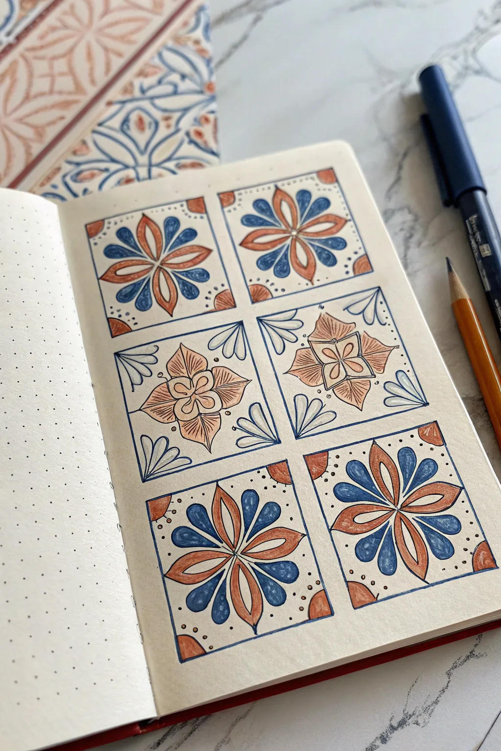 Talavera tile pattern study in a clean 2x2 grid, perfect Mexico inspired drawing practice