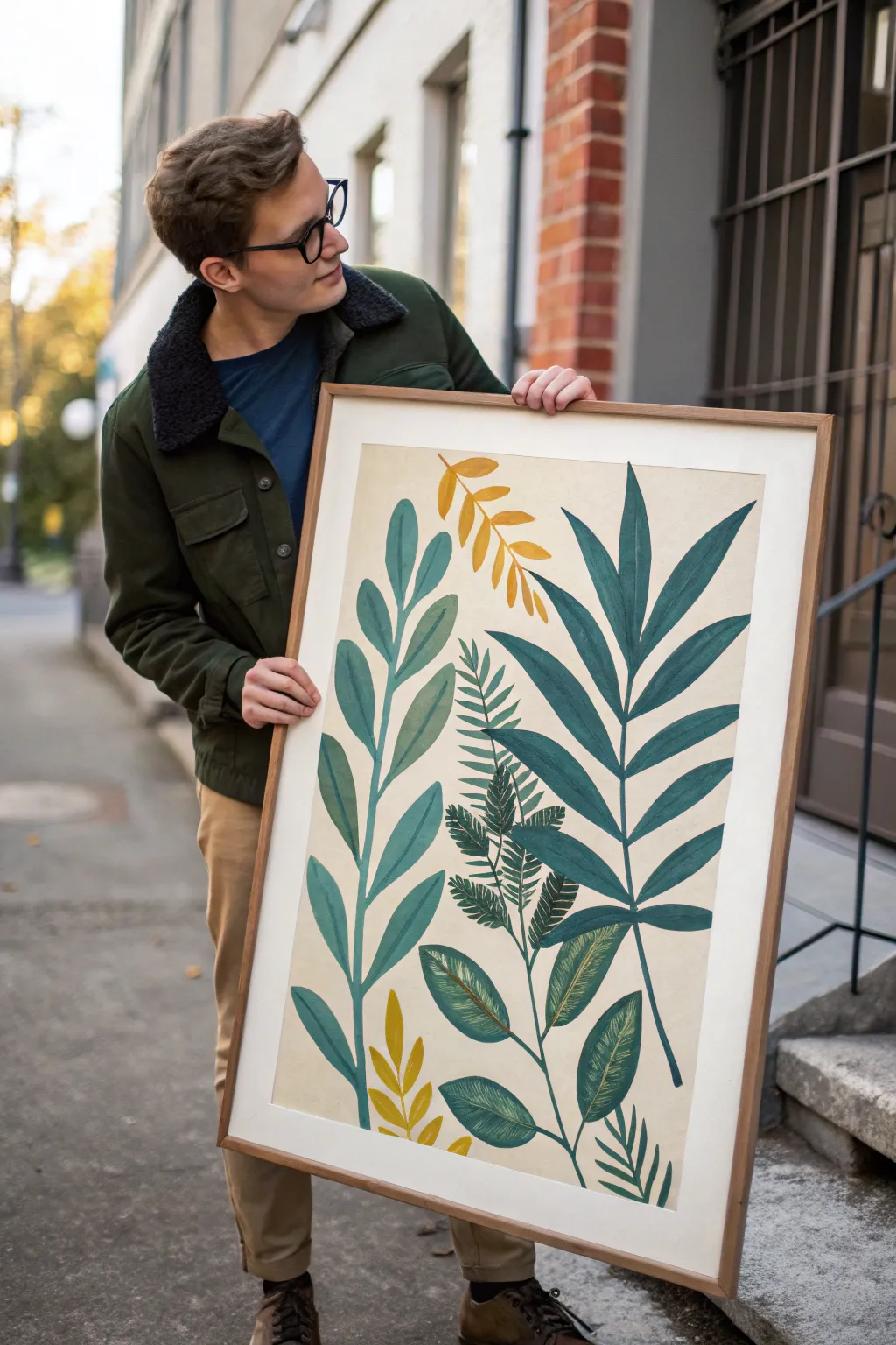 Mid-century leaf silhouettes in olive and teal, crisp shapes on creamy paper, calm boho minimalism.