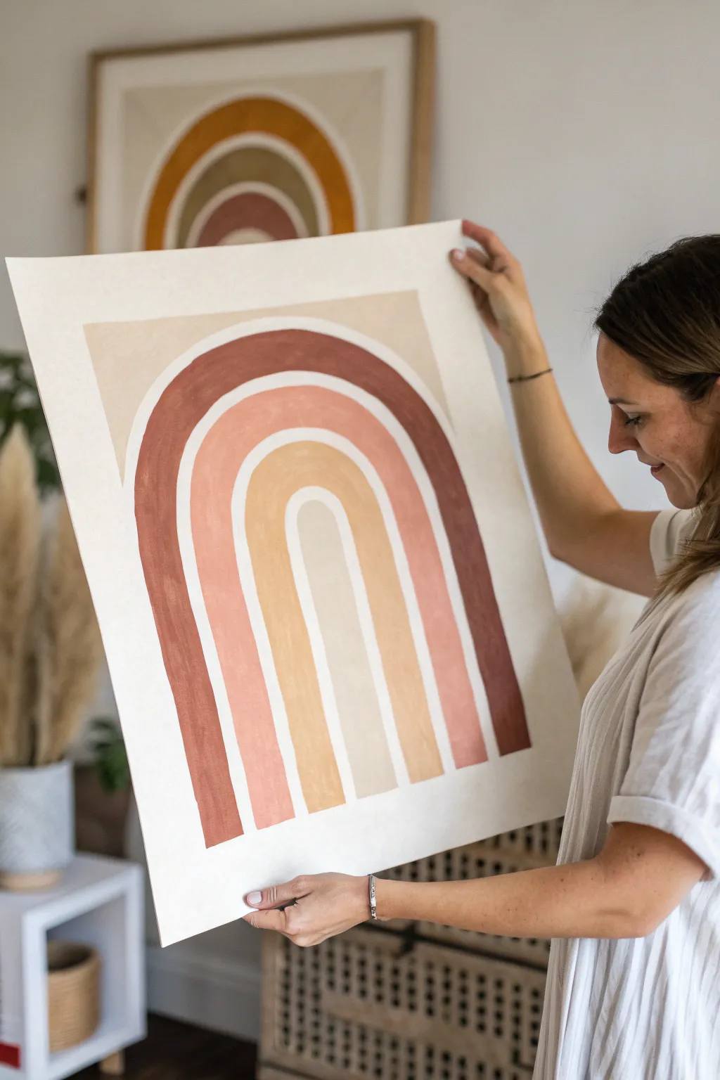 Soft neutral stacked arches with crisp edges, an easy minimalist abstract study with boho warmth.