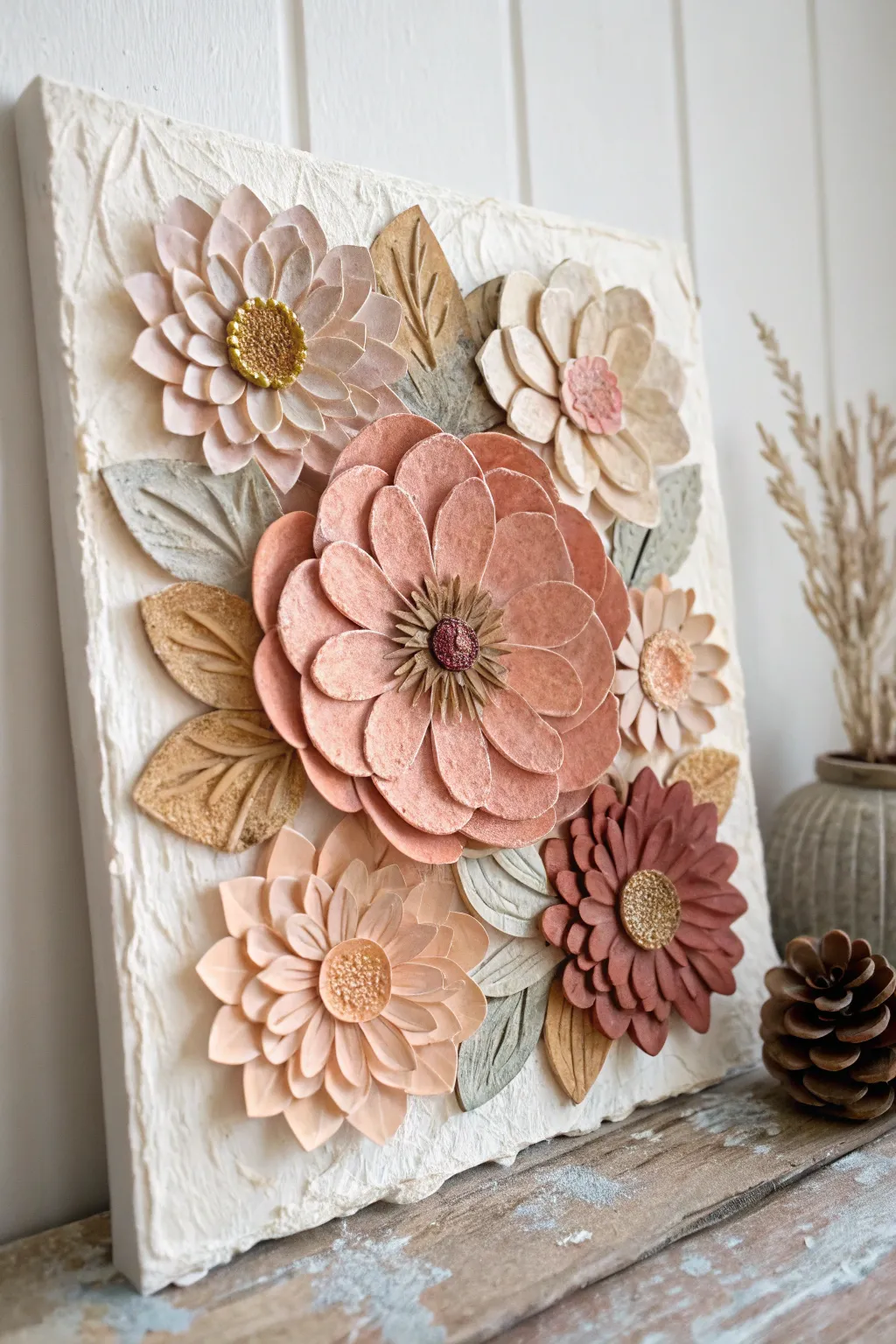 Torn paper florals meet acrylic shading for a calm, modern mixed media canvas idea.