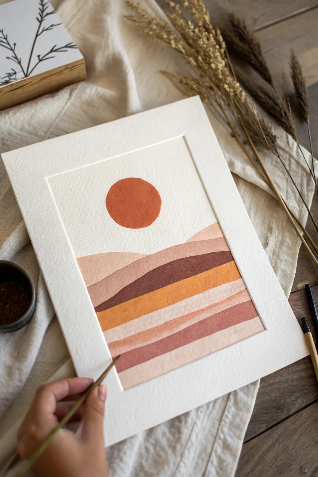 Modern sunset in bold blocks: a minimalist landscape drawing idea with a warm limited palette