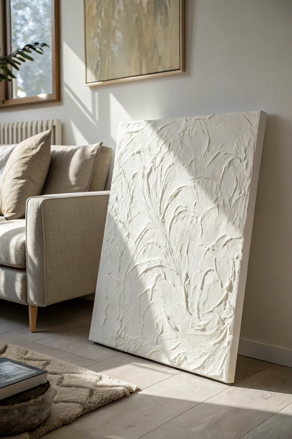 Quiet luxury wall art: a warm-white textured monochrome canvas glowing under side light.