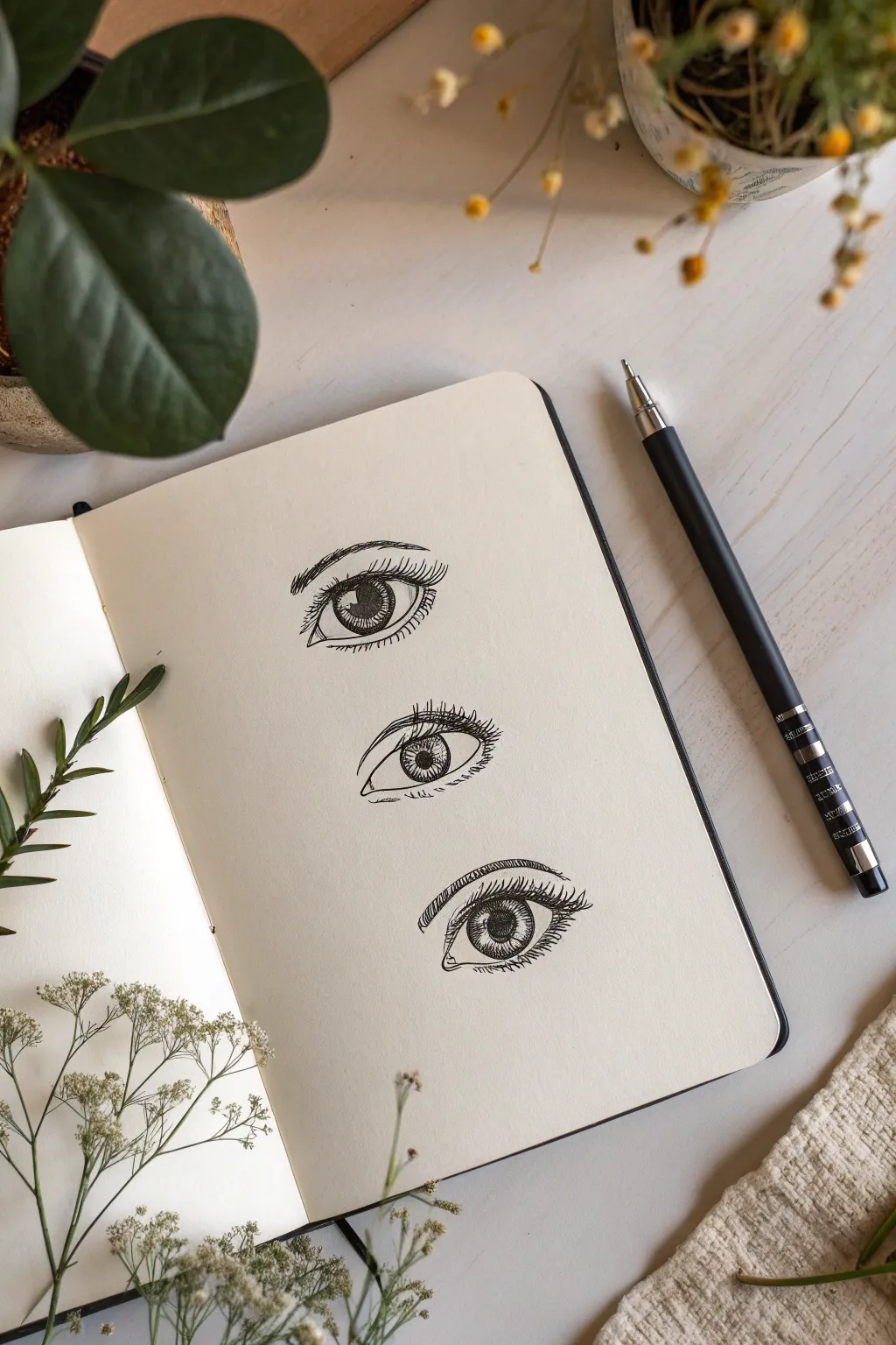 Three-eyed monster doodle sheet with wild expressions, crisp lines, minimal boho palette.