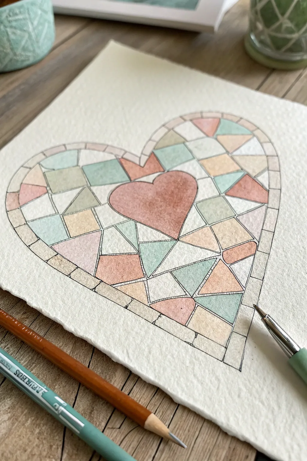 Patchwork tile heart mosaic drawing with faux grout, minimalist Scandinavian palette, crisp contrast.