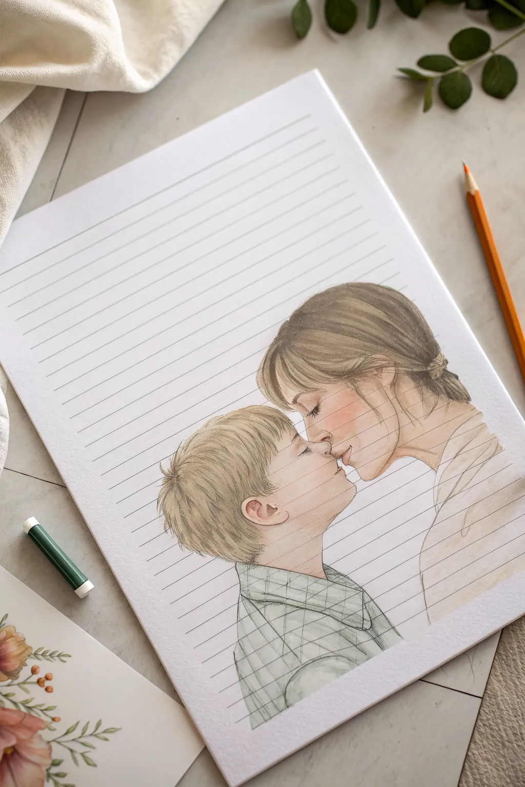 Tender cheek kiss sketch idea with simple lines and cozy cuddles for a mother and son scene.