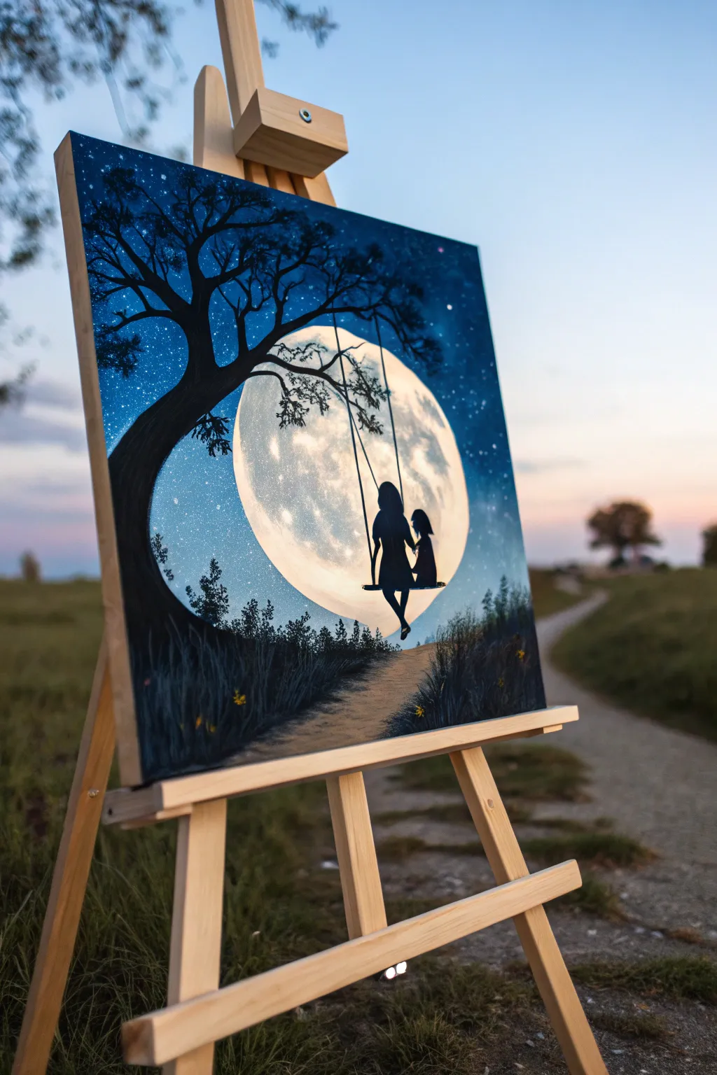 Dreamy moonlit swing painting idea for moms and daughters, simple shapes and soft glow