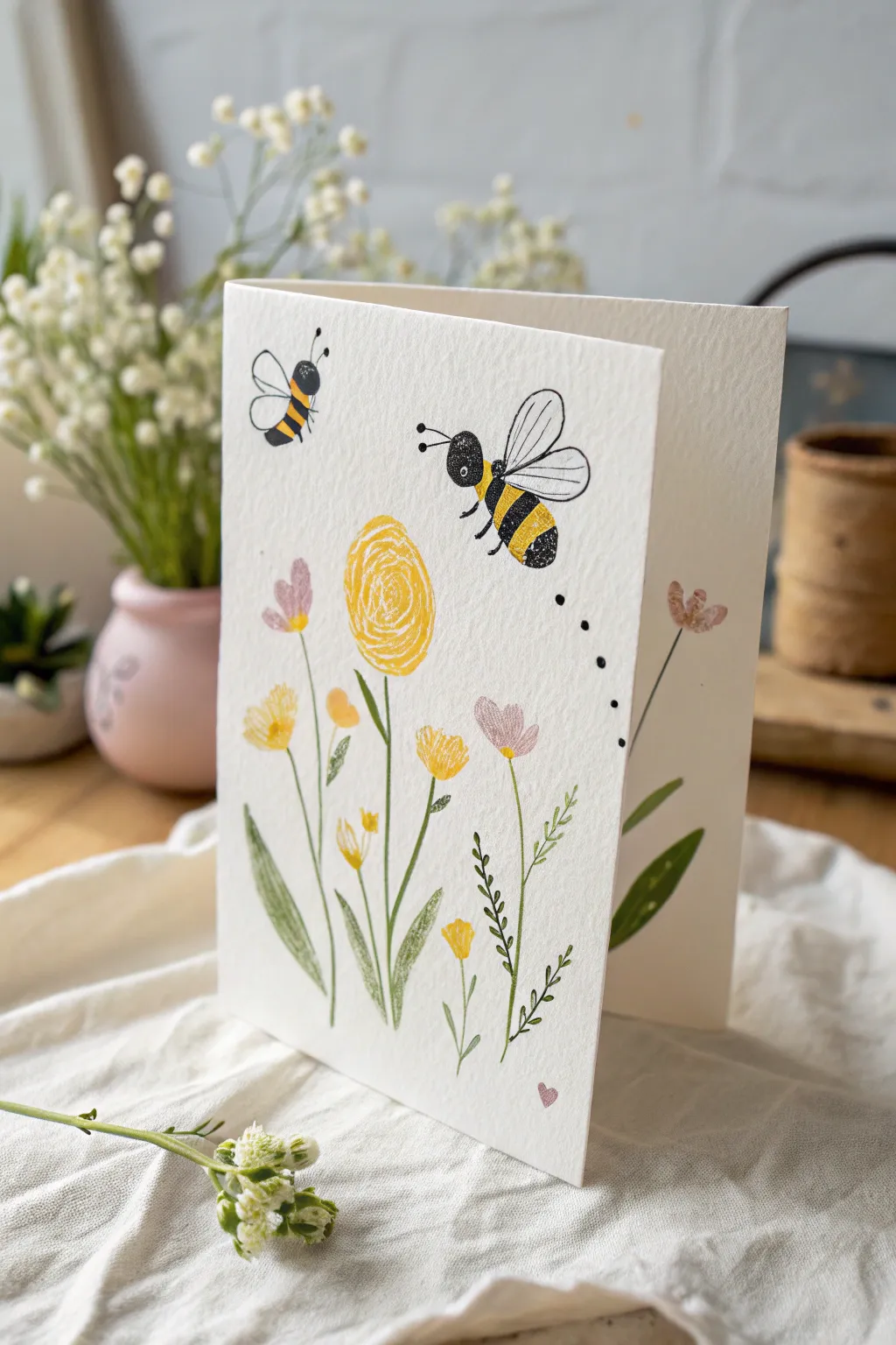 Sweet fingerprint bees and flowers on a minimalist Mothers Day card, easy and joyful to paint