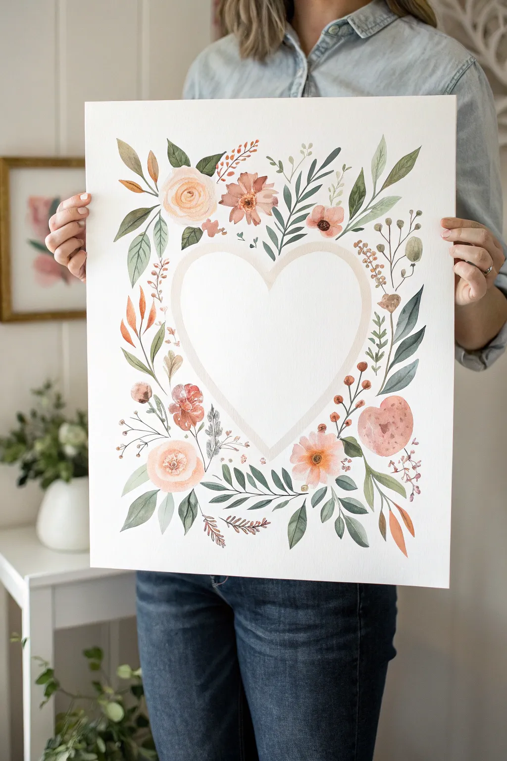 Paint a clean white heart with boho florals around it, a sweet minimalist gift for Mom