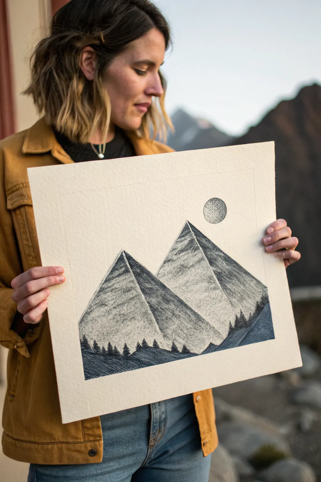 Moonrise over twin peaks: a simple high-contrast mountain sketch with a crisp white moon