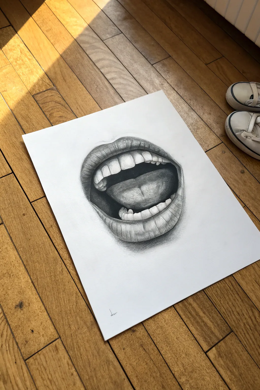 Mouth sketch with tongue overlap and deep throat shadow for realistic depth and contrast.