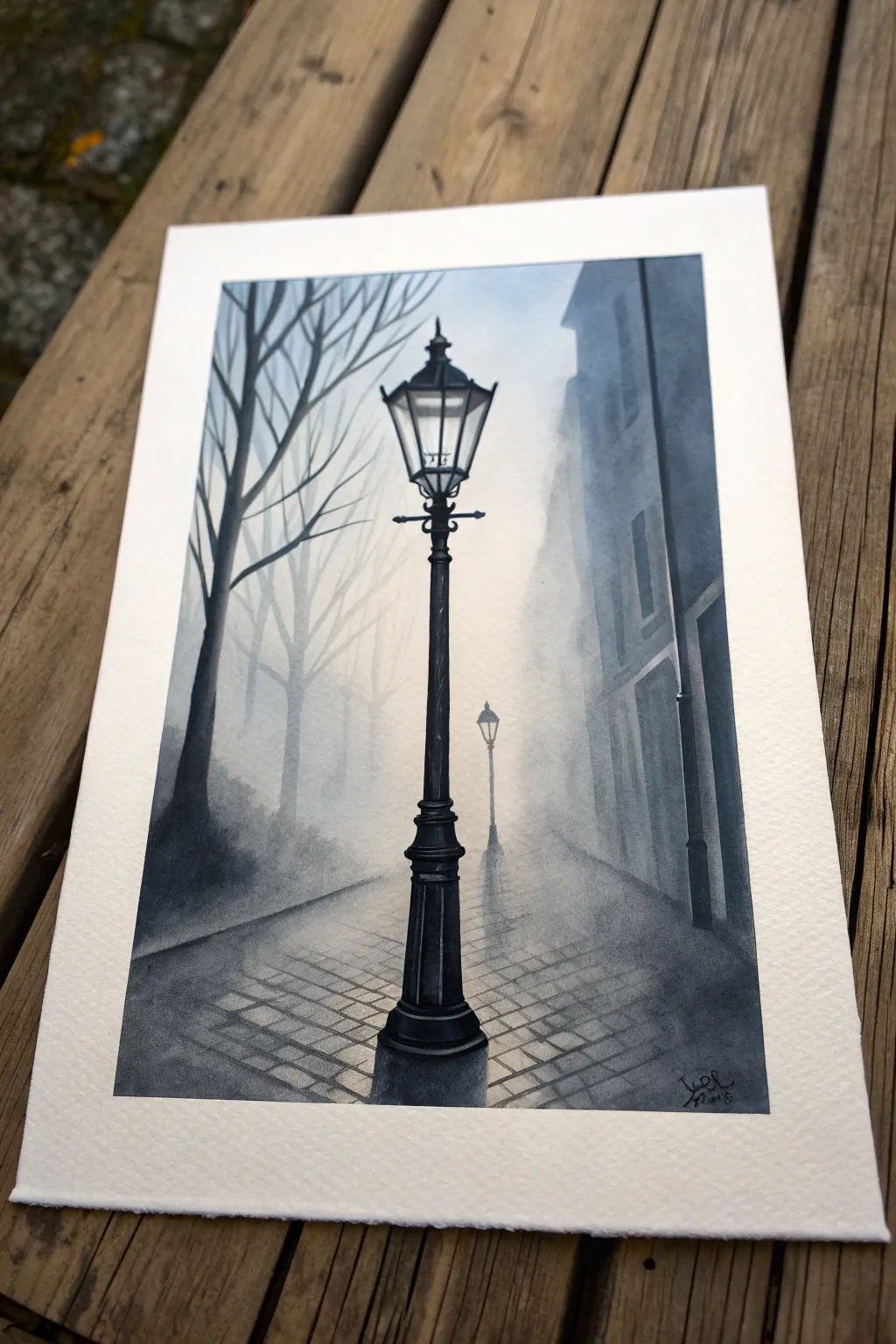 Classic noir streetlamp painting study in bold black and white with a soft blush glow
