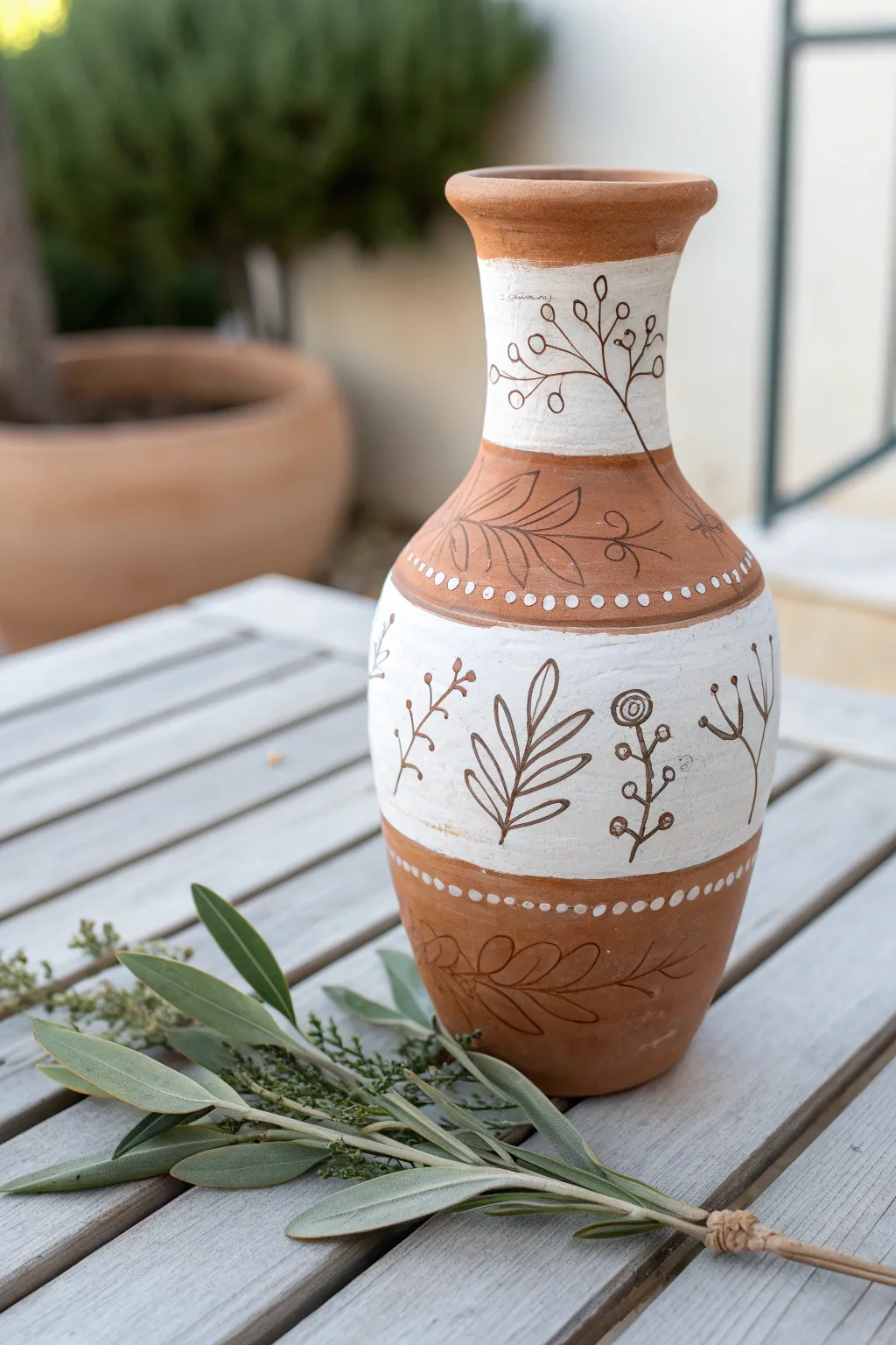 Hand-painted mud vase with simple herb doodles, styled on a bright patio for calm garden mood