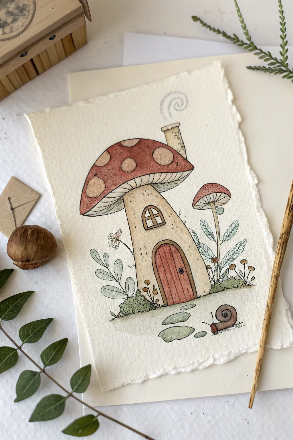Cozy mushroom house sketch with a tiny snail and curled-leaf mailbox, simple and charming.