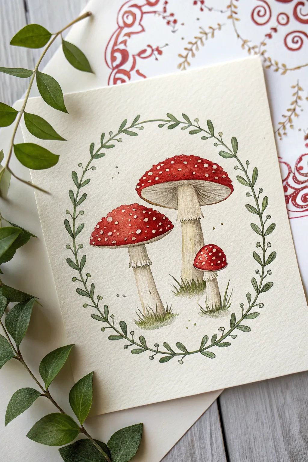 Easy fairy garden toadstools with swirly vines, a minimalist boho watercolor idea