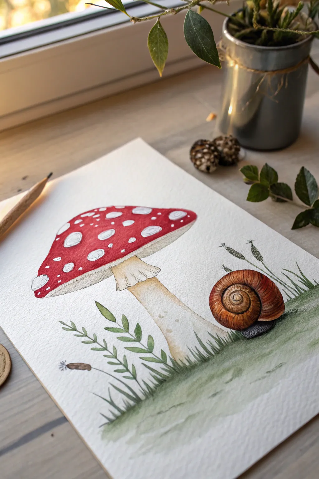Paint a tiny snail climbing a bold spotted mushroom for an instant woodland story.