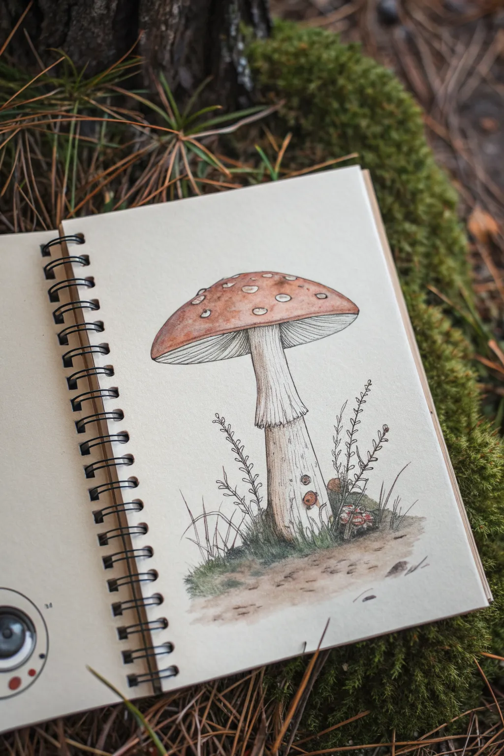 Weirdcore mushroom creature with tiny hands and a single eye, in minimalist boho sketch style