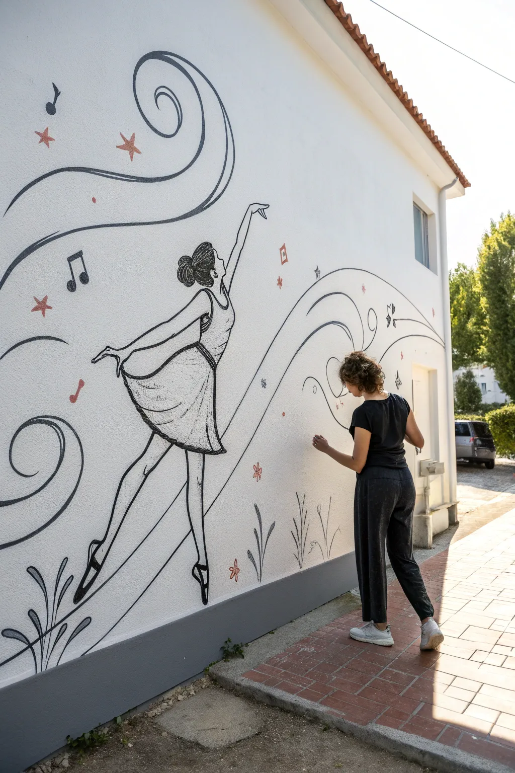 Minimalist dancing figure mural with swirling rhythm lines and notes, crisp contrast and calm boho