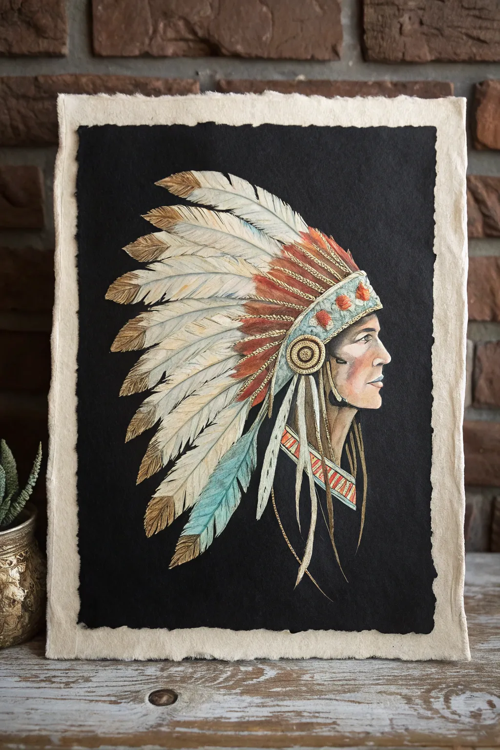 Paint feather layers and beadwork bands in high contrast, floating headdress on deep black.