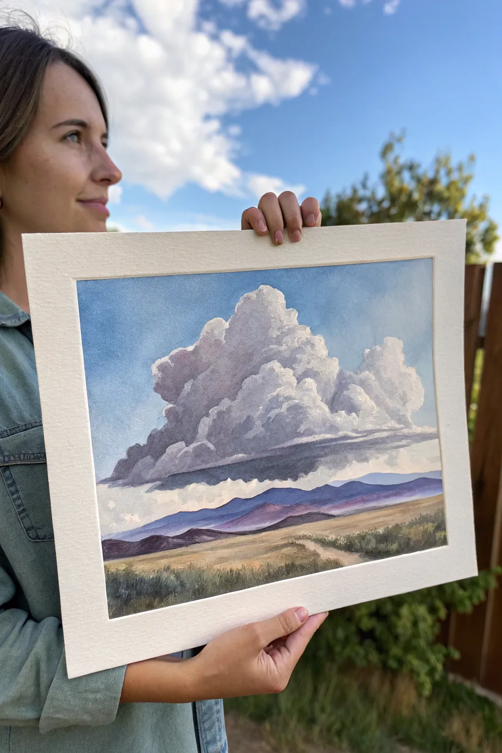 Paint fluffy cloud forms with soft shadows above simple distant hills for a calming sky study.