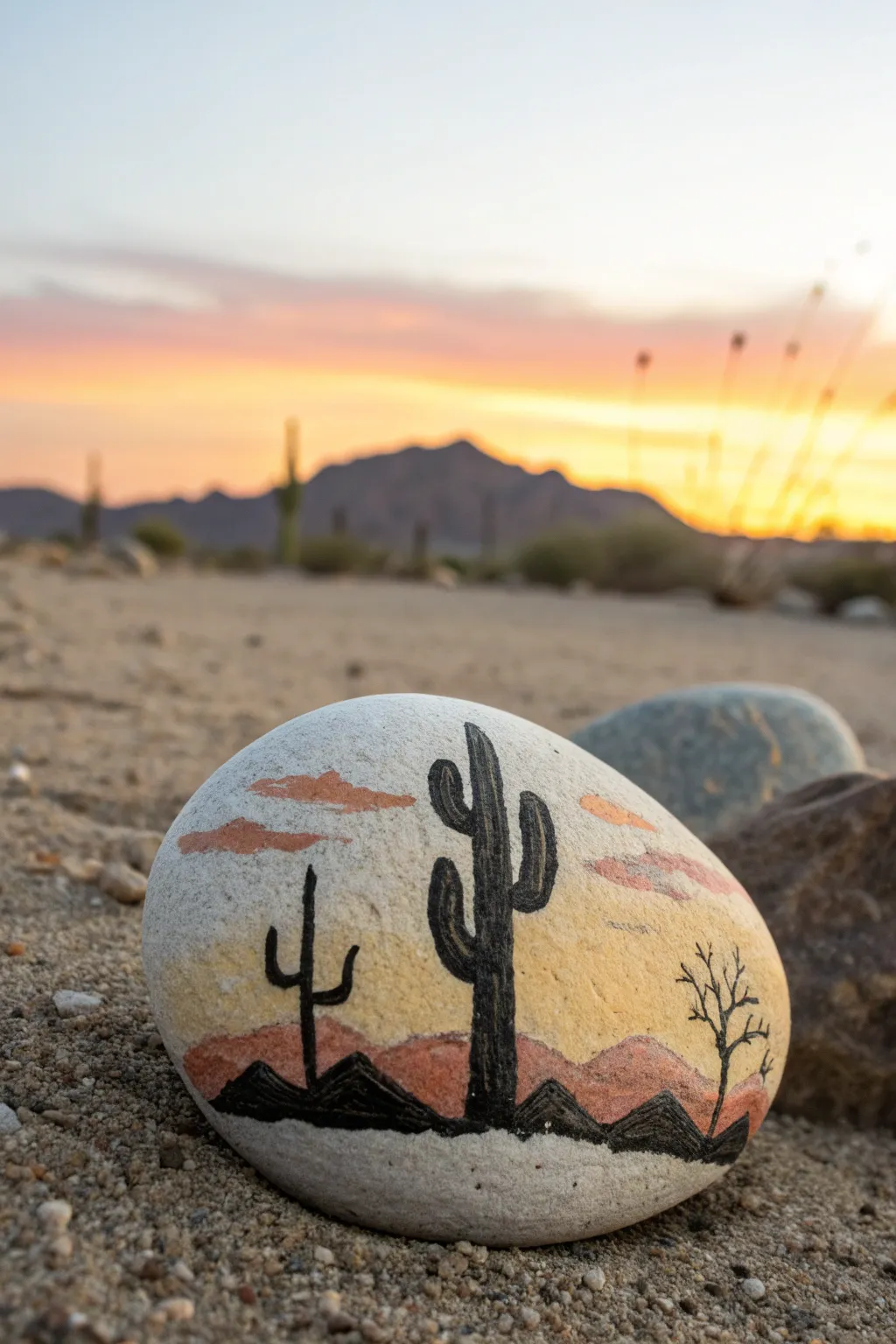 Minimal desert cactus rock painting with a golden hour gradient, calm Scandinavian boho vibes.