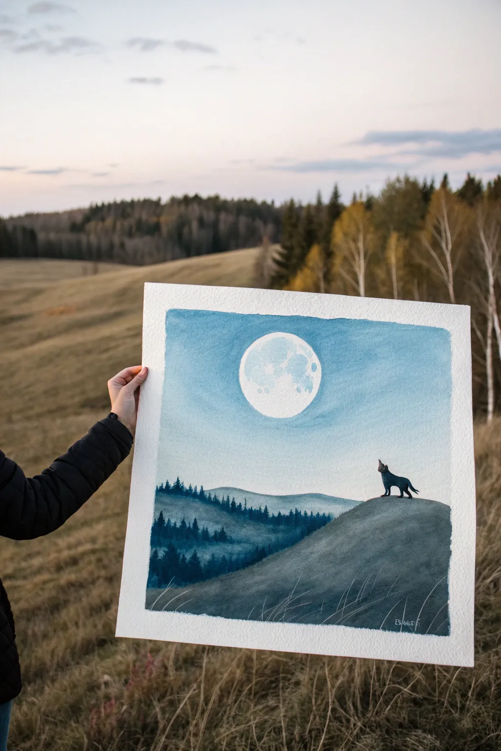 A clean two-tone landscape where negative space in the sky forms a hidden rabbit silhouette