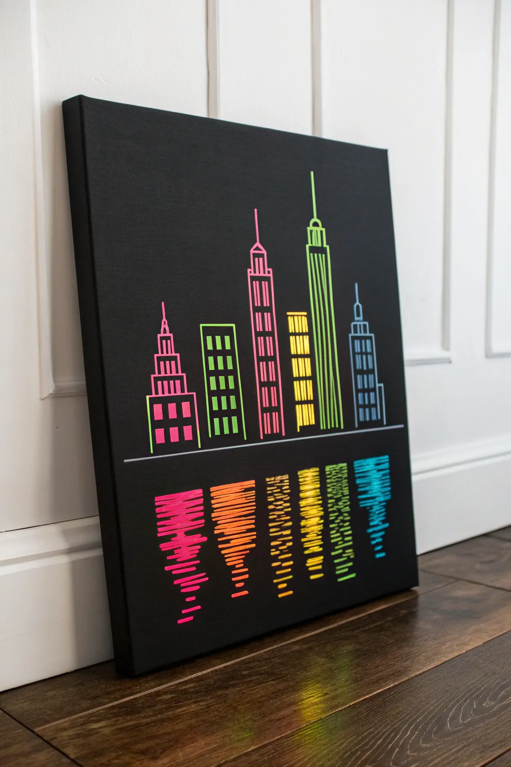 Minimal neon skyline on black canvas with rippled reflections, sleek Scandinavian boho vibe