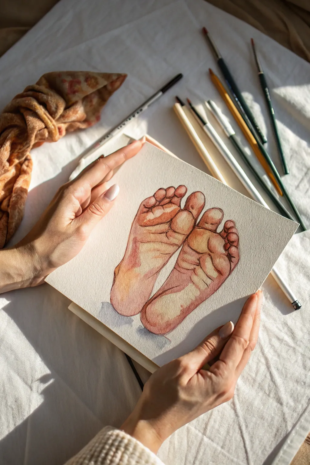Tender hands cradling newborn feet in soft neutrals, a minimalist keepsake painting idea