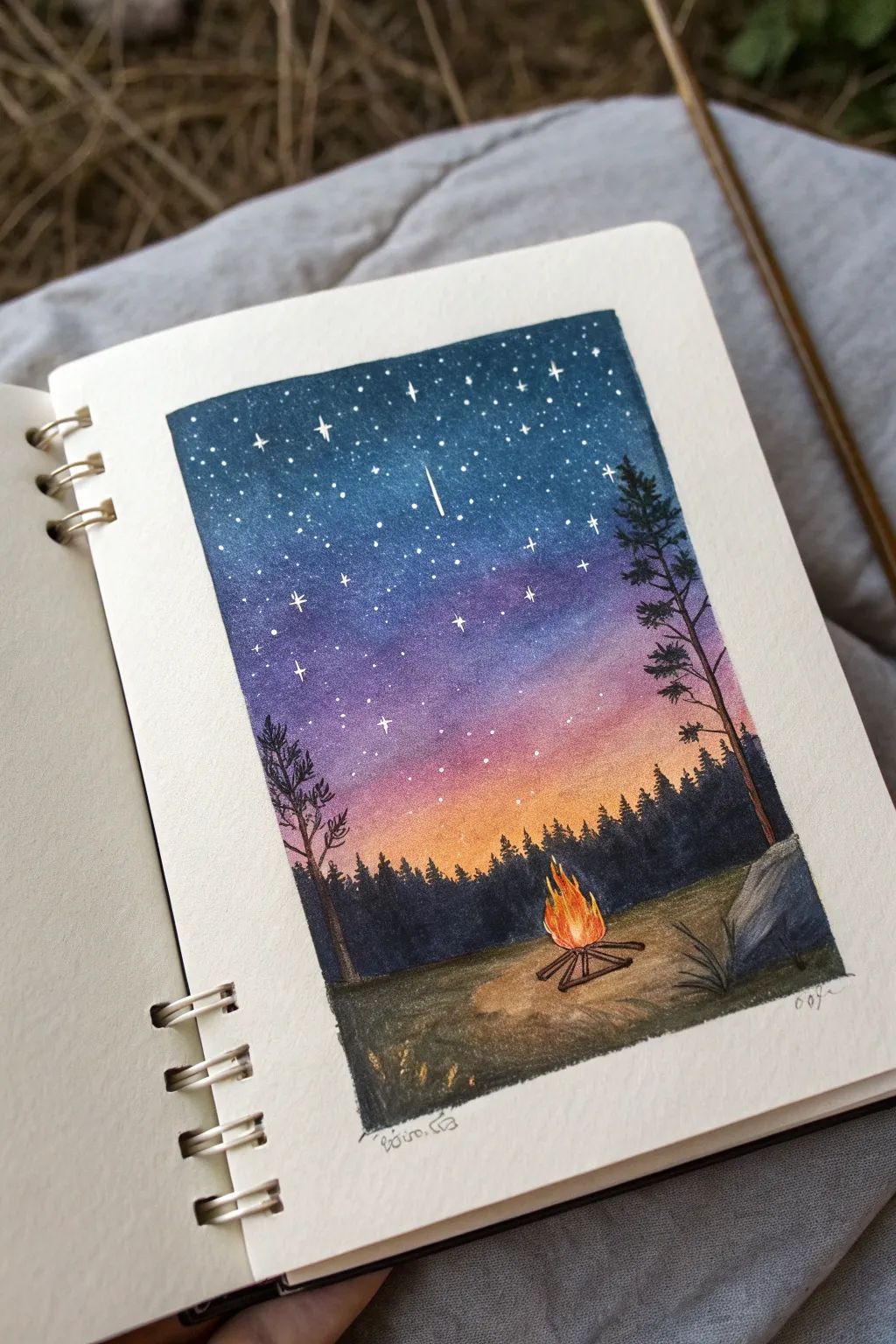 Campfire glow under a wide starry sky, warm orange halo fading into cool blues and purples