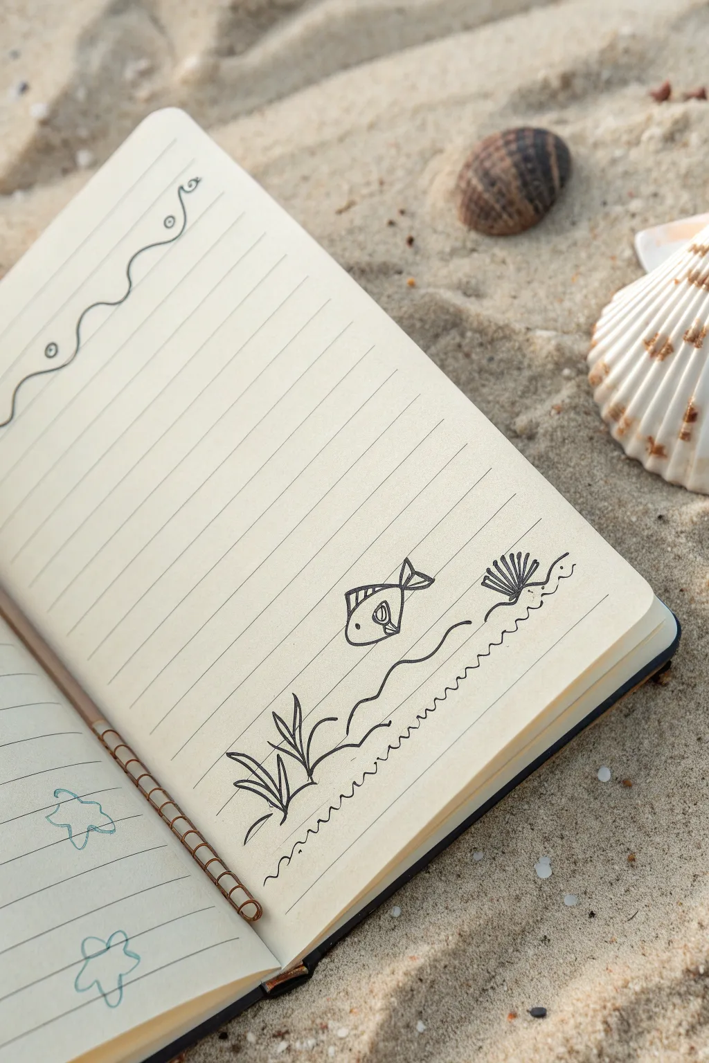 Simple ocean mini scene doodle on a clean notebook page, minimalist and calming for easy practice