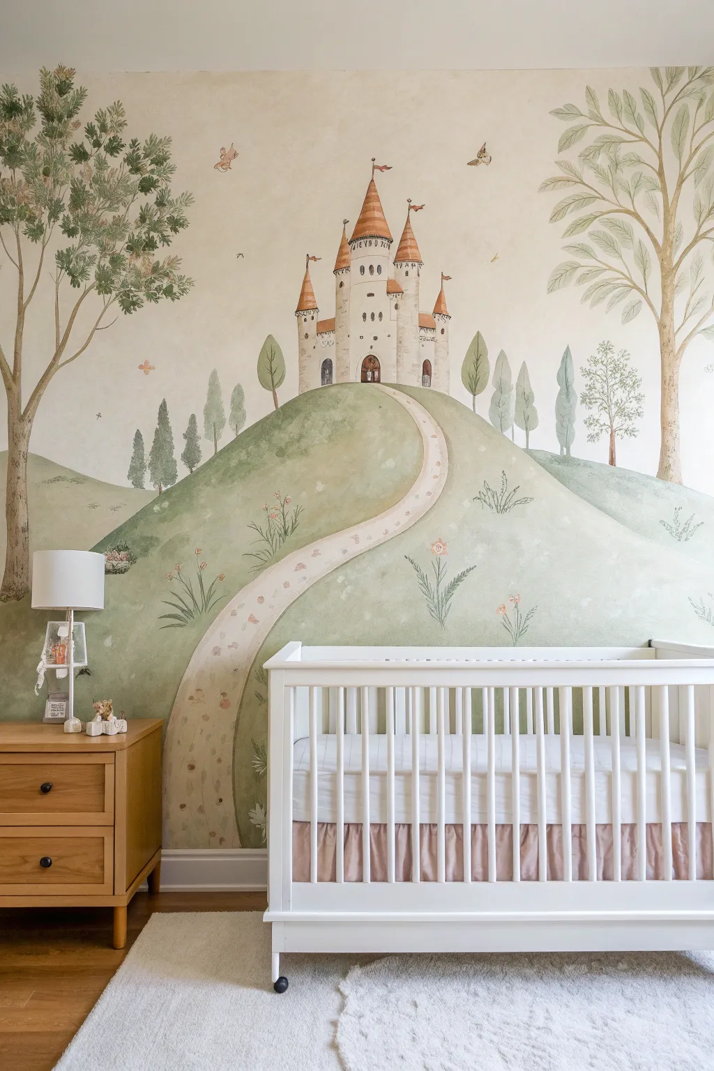 Sweet storybook castle mural with winding path, calm colors, and minimalist Scandinavian charm
