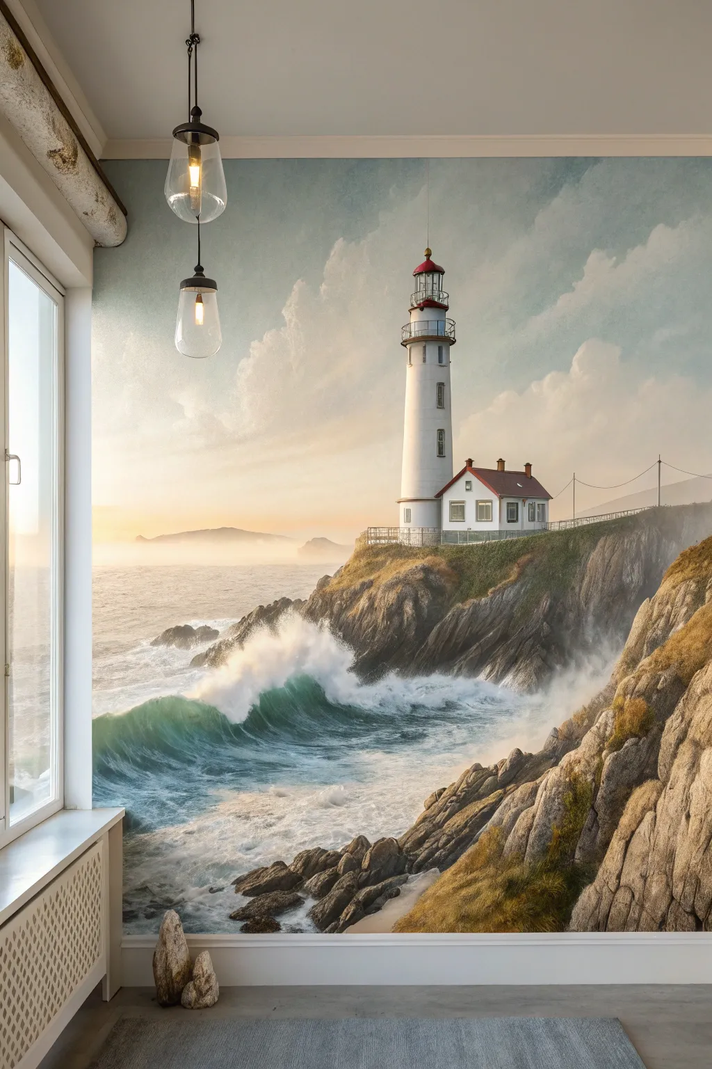 Minimalist lighthouse mural with misty sea spray, soft sunset tones, and bold coastal contrast.