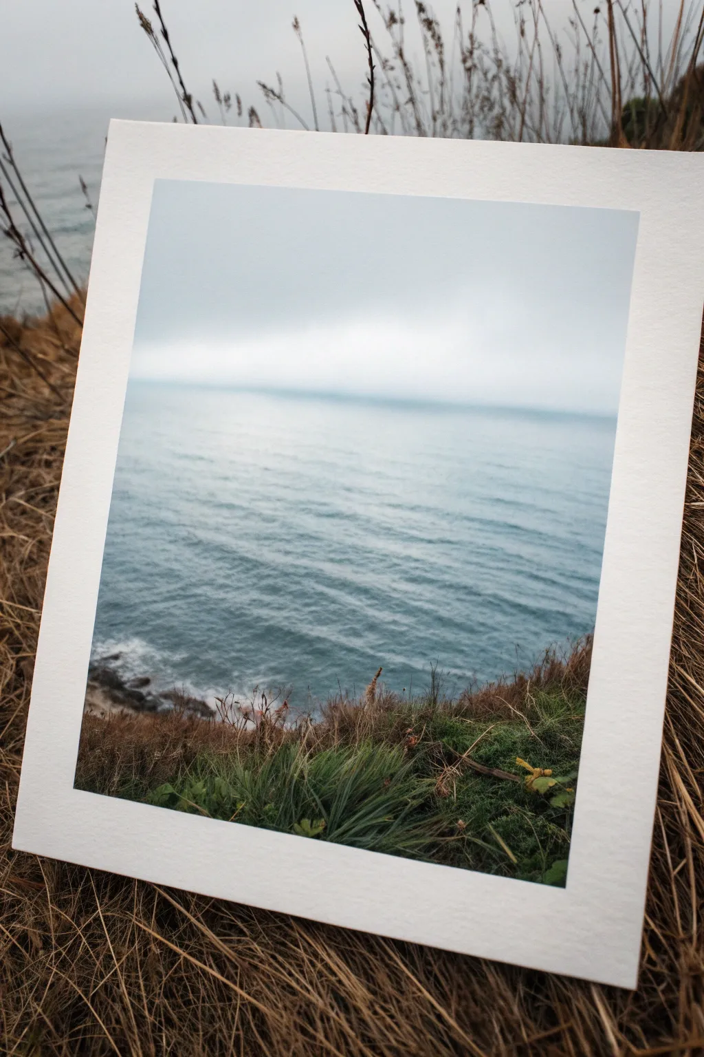 Misty gray-blue sea watercolor with a fading horizon, minimalist calm for ocean painting ideas
