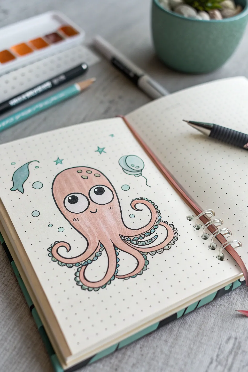 Cute cartoon octopus character sheet in a minimalist Scandinavian palette with soft boho charm